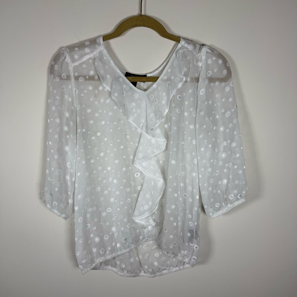 BCX White Sheer Ruffled Blouse Size Small